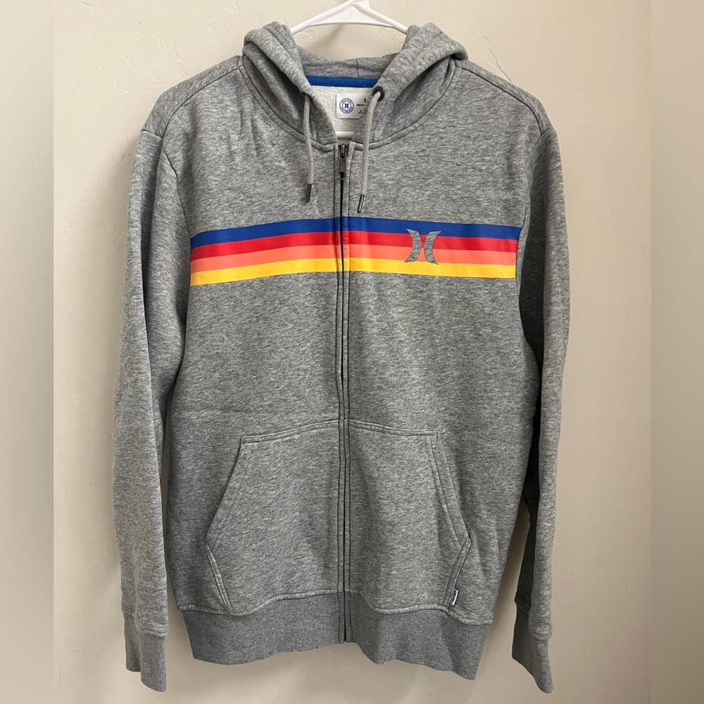 Aviator Nation look alike, Hurley Gray Hoodie with Rainbow Stripes Size Small